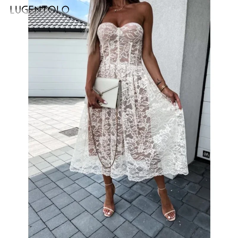 

Fashion Sexy Lace Dress Women Tube Top Sleeveless Solid Color Ladies Summer Party Dinner Big Swing Long Clothing