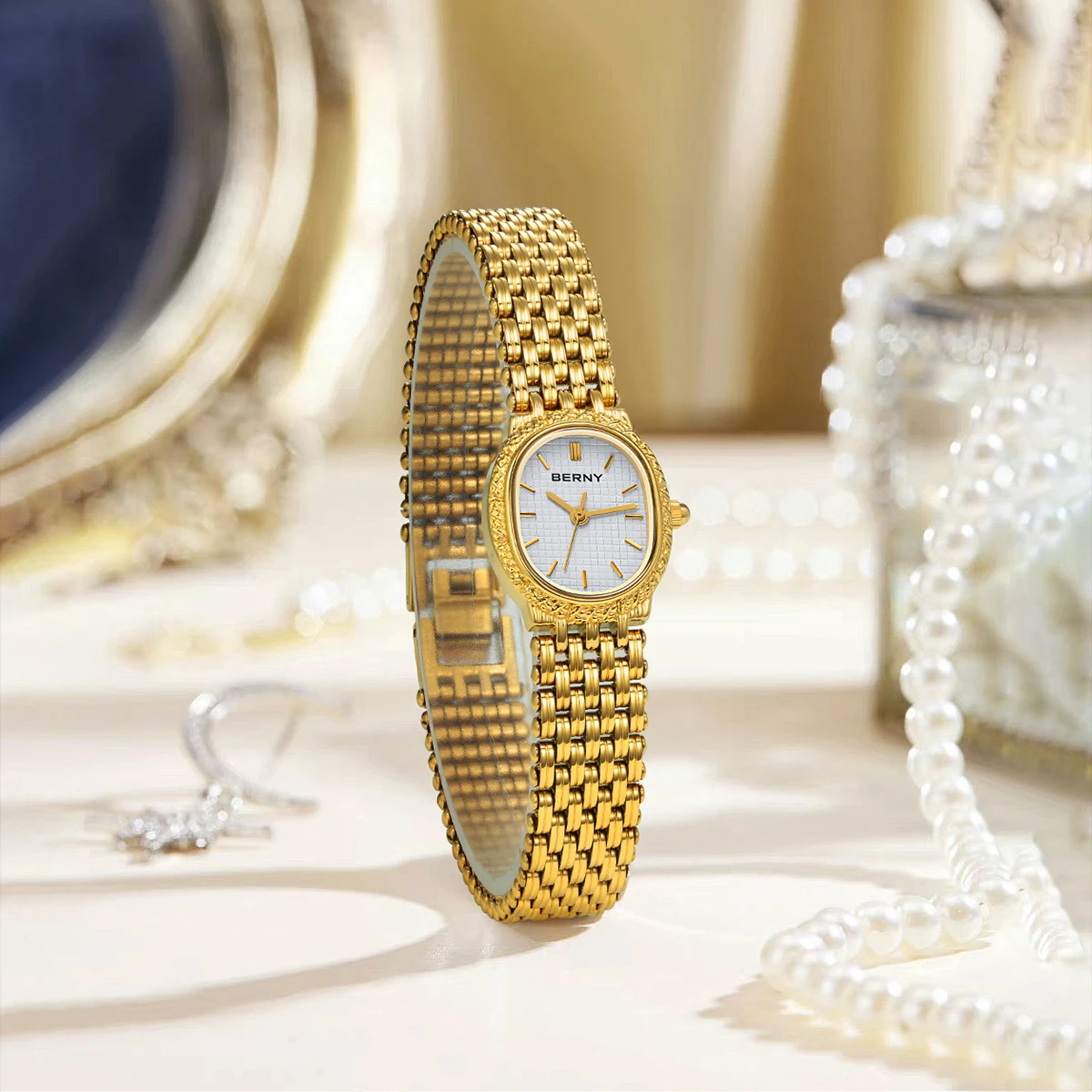 Berny-女性用腕時計,ゴールドの腕時計,小さなダイヤル,女性用,高級