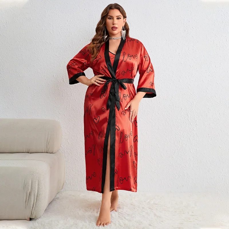 Big Size 3Xl 4Xl 5Xl Robe Set Women\'s Nightwear Sexy Print Love Nightgown Loose Spaghetti Strap Lingerie Femme Ropa De Mujer