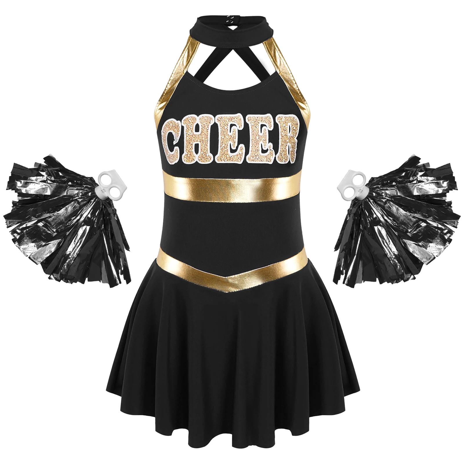 Kids Girls Cheerleading Dance Costume Sleeveless Letter Print Hollow Dress Schoolgirl Cheer Sport Meeting Cosplay Party Clothes