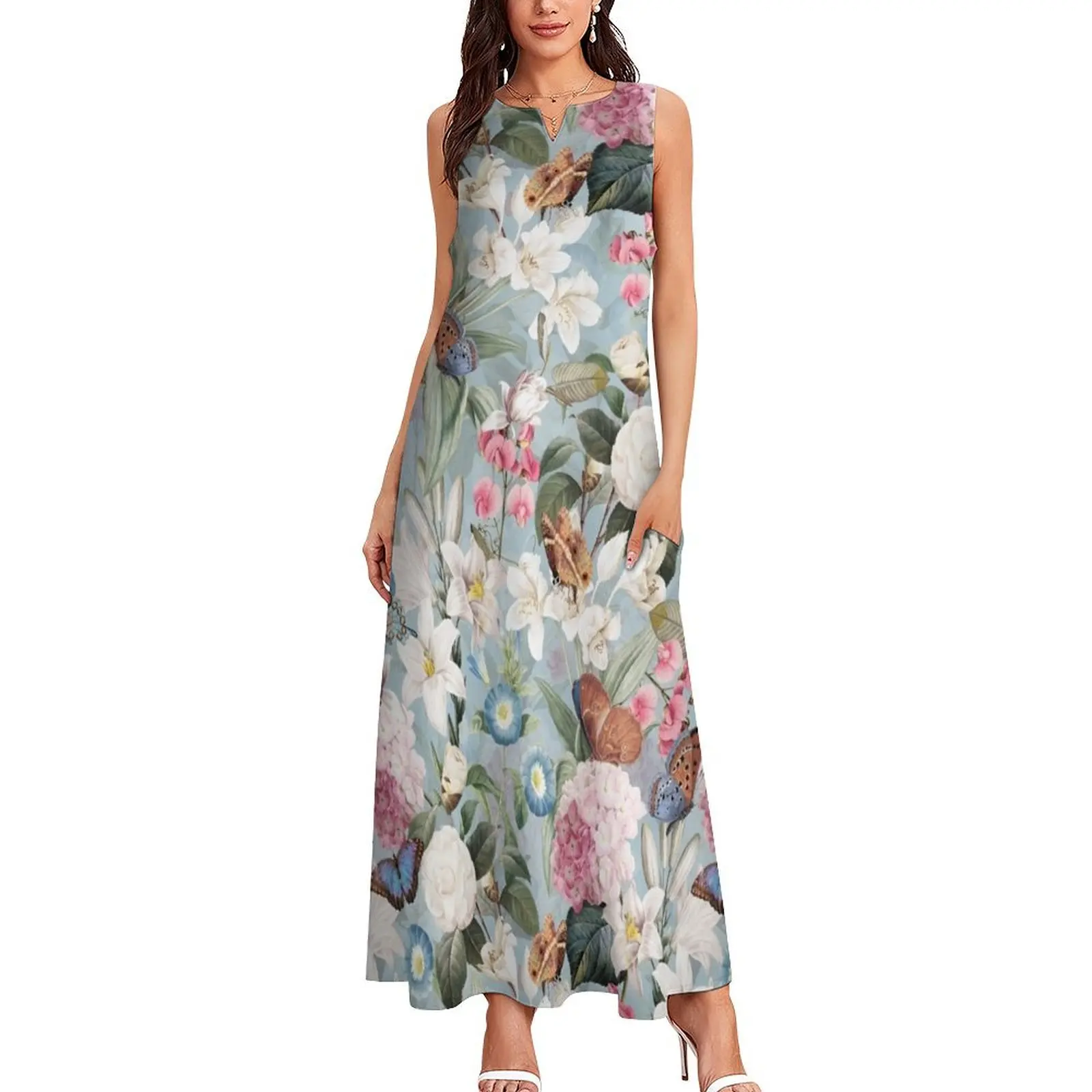 Vintage Tropical Flowers - Hydrangea Lilies,Camellia And Exotic Butterflies, on Sepia Teal Long Dress