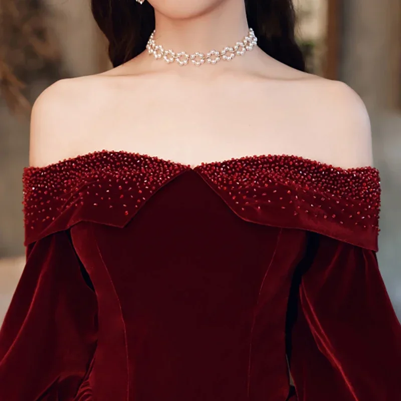 Evening Dresses Burgundy Velvet Beading Off the Shoulder Full Sleeves Plus size A-line Floor-length Woman Formal Party Dress