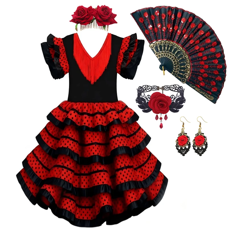 Girls Spanish Flamenco Dress Red Polka Dot Cake Puff Kids Carnival Halloween Party Stage Show Cosplay Festival Dance Costume image 5