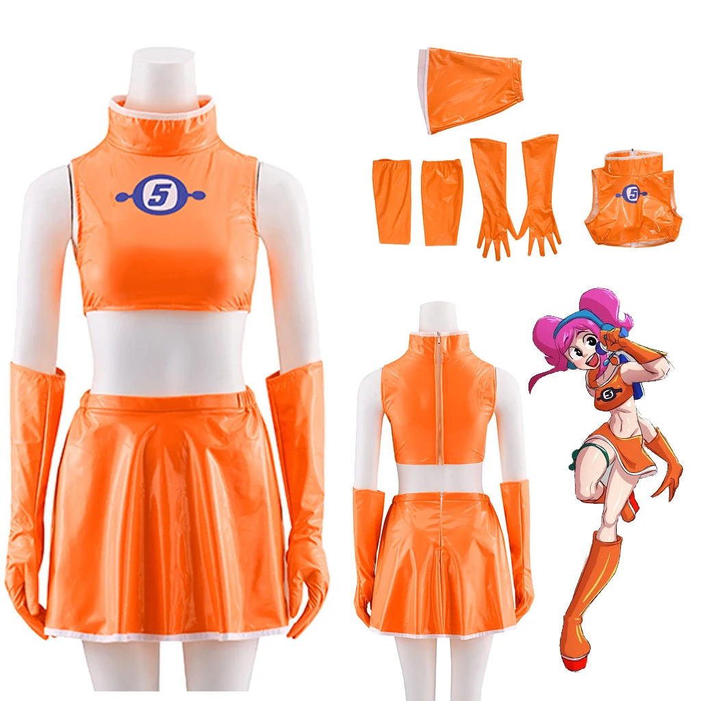 

Space Cos Channel 5 Ulala Cosplay Costume Orange Sexy Suit Women Ulalas Crop Top Skirt With Socks Set Halloween Outfits