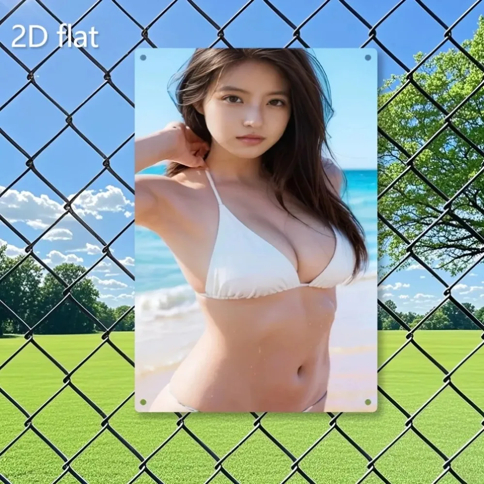 High-Definition Metal Tin Sign Asian Woman in White Bikini at Beach Retro Metal Wall Art Decor