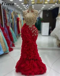 Luxury Red Beaded Evening Dresses Robes De Soiree 2024 Tiered Mermaid Party Dress Arabic Long Women Birthday Engagement Gowns