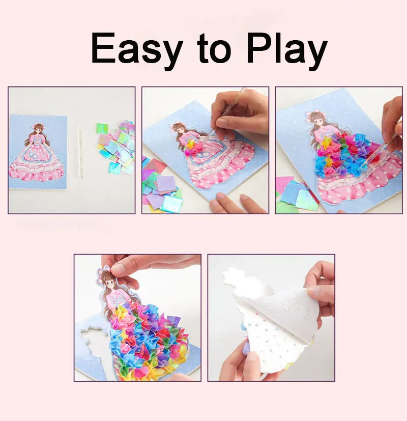 Fabric Art Frenzy Toys for Girls Dress Up Animal Princess Creative Puzzle Puncture Poke Boards Kids DIY Handmade Crafts Kits