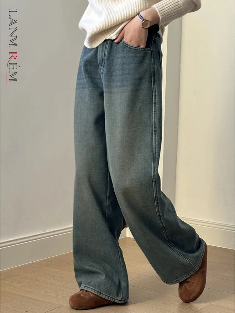 

[LANMREM Thick Warm Washed Jeans Women's High Waist Straight Wide Leg Denim Pants Female Clothing 2024 Winter New 26C1578