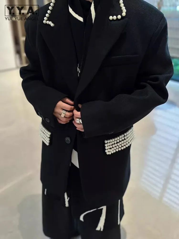

Fashion Mens Pearls Beading Party Blazer Jacket Single Breasted Shoulder Pad Loose Fit Suit Coat Winter Thick Banquet Blazer Top