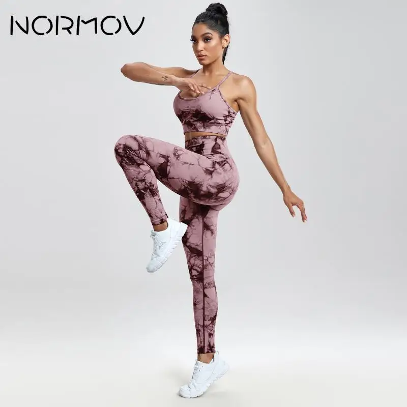 NORMOV Tie Dyeing Gym Set Seamless Women Sports Set Raises Butt Gym Set Women High Waist Workout Set Tracksuit Woman Tank Top