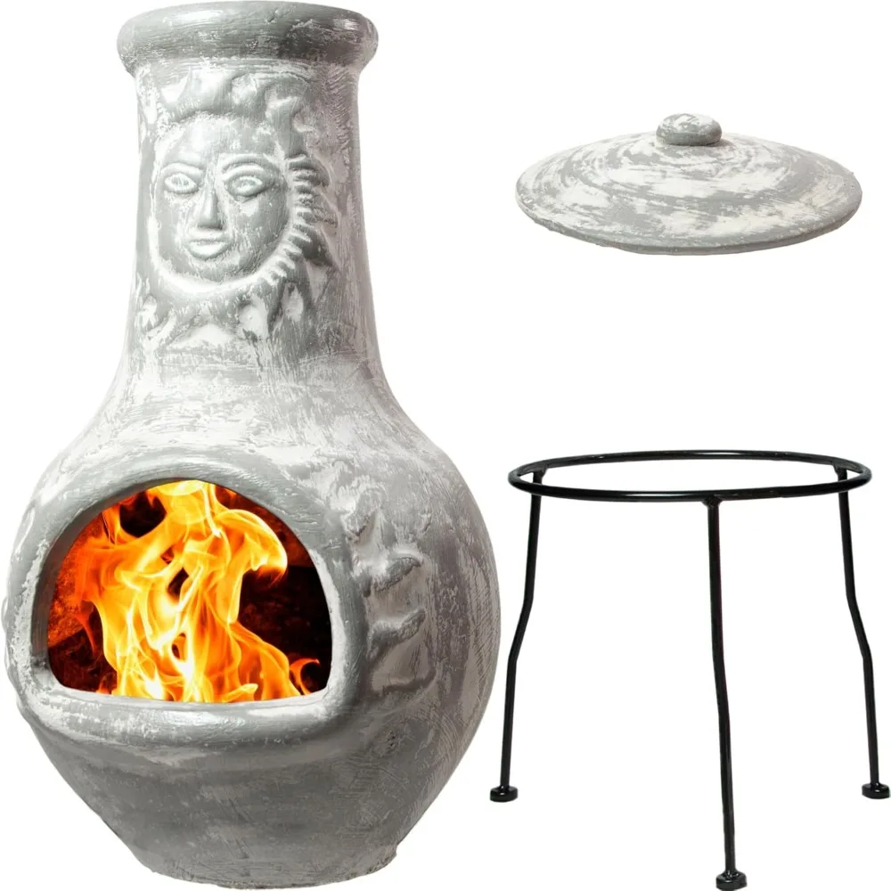 Medium Chiminea Outdoor Fireplace Grey Clay Chimineas with Chimney Rain Lids and Solid Metal Stands - Grey Terracotta Chimenea