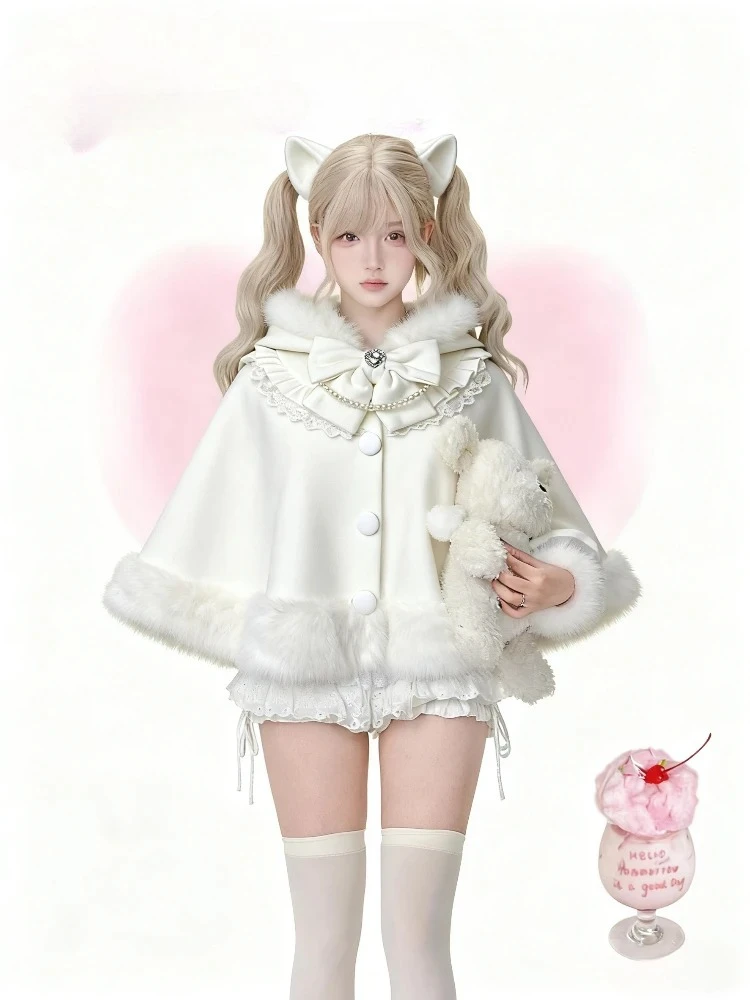 

Christmas Faux Fur Capes Coat Women Winter Kawaii Lolita Overcoat Evening Party Outwear Design Hooded Cloak Jackets Female