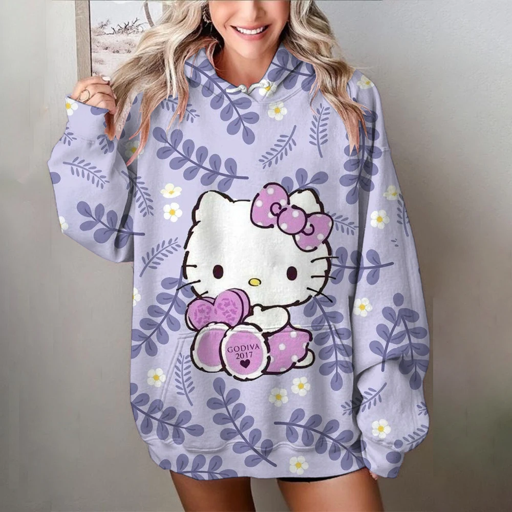 Cartoon simple pink Cute Hello Kitty print unique top women\'s trendy retro classic y2k campus style commuter sweatshirt