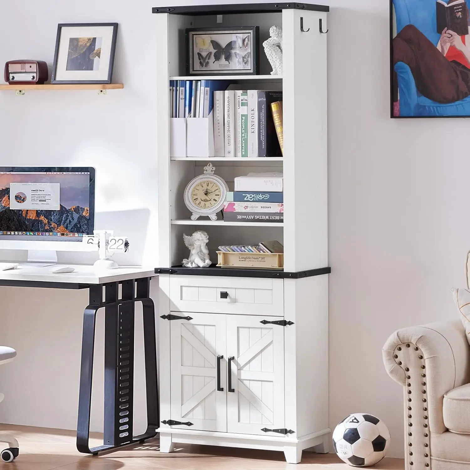72in Tall Bookshelf 7 Tier Bookcase with Drawer and Barn Doors and Adjustable Shelves, White Farmhouse Book Shelf with Storage