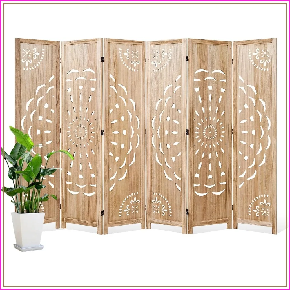 66.9Inch Wooden Room Divider 6 Panels Boho Space Partition for Home Office Natural