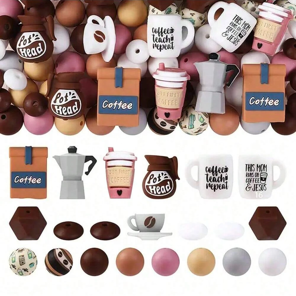 10/50/83/95PCS Coffee Silicone Bead Set with 15mm Round Beads, DIY, Necklace, Bracelet, Key Bag, Chain, Jewelry Making