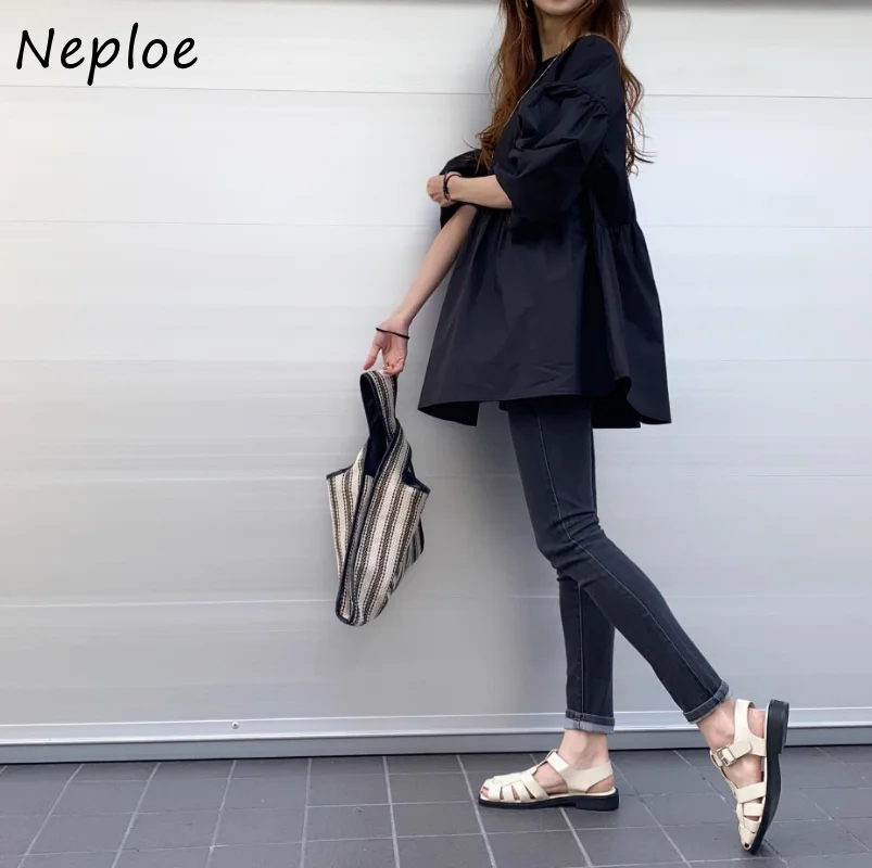 Neploe Harajuku Vintage O-neck Solid Shirts Women Summer New Loose Lantern Sleeve Blouses Y2k Grunge Mid-length Blusas Mujer