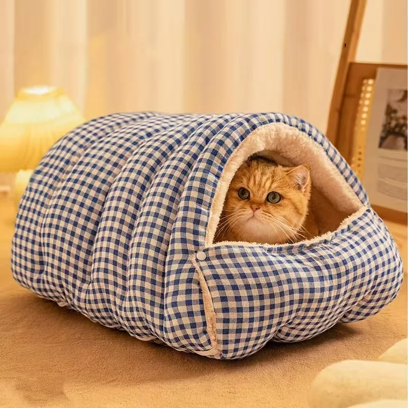 Acogedora cama de invierno para gatos, cama cálida y plegable gruesa para mascotas con interior de felpa suave, casa para gatos portátil semicerrada/interior/exterior