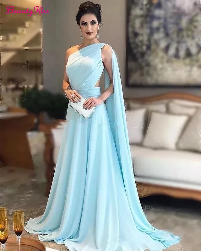 Elegant Light Blue แม่ของชุดเดรสเจ้าสาวไหล่จีบชีฟองยาว Saudi คำพรหมชุดออกงานกลางคืนสำหรับงานแต่งงาน