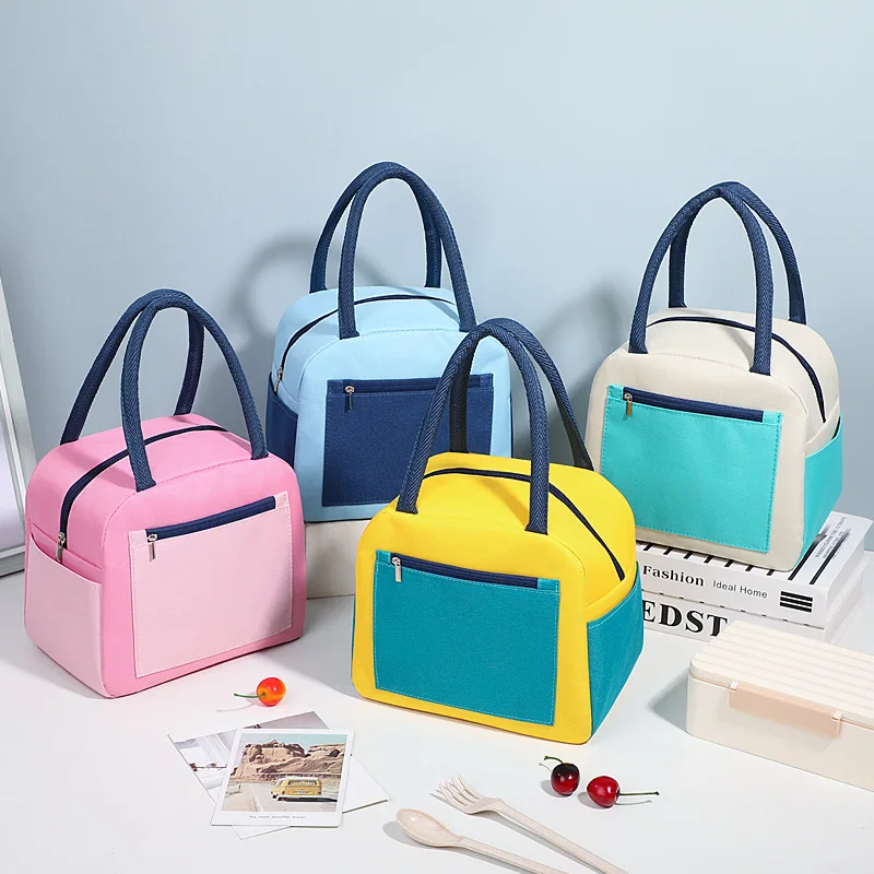 Farbblockierte Isolierte Lunch-Tasche Tragbare Oxford-Stoff Lunch-Tasche Aluminiumfolie Verstärkte Wasserdichte Bento-Tasche