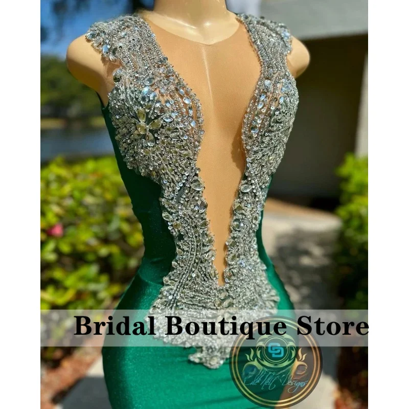 Personalizado africano verde escuro sereia vestido de baile apliques diamantes frisado preto meninas vestido de noite vestido de festa