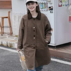 Japanese Vintage Long Trench Coat Jackets for Women Autumn Chic Single Breasted Lapel Loose Casual Retro Dark Browm Outerwear