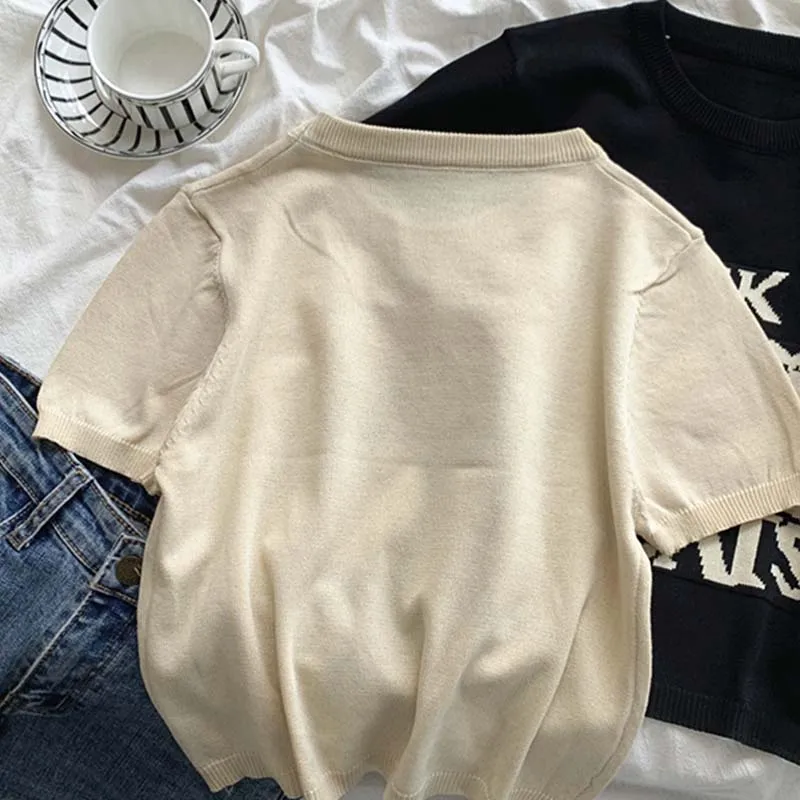 Rin Confa Retro Embroidered Tops Korean Style Ins Fashionable Loose Short-Sleeved T-shirt Women 'S All-Match O- Neck Sweater Top