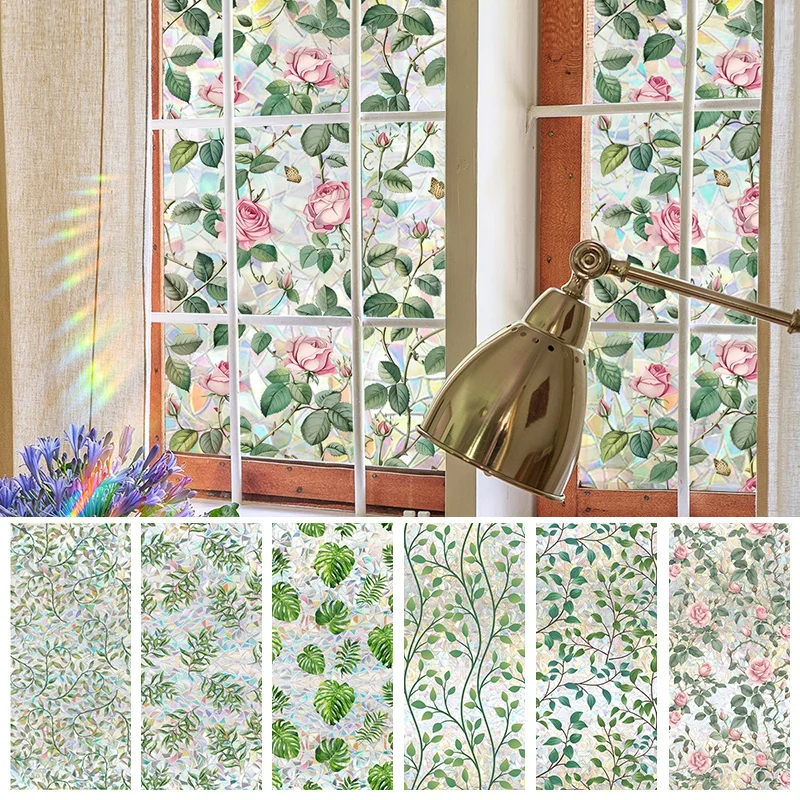 Colorful Rainbow Glass Privacy Film Static Sticker PVC Double-sided Window Film Colored Plant Flowers Removable Window Stickers
