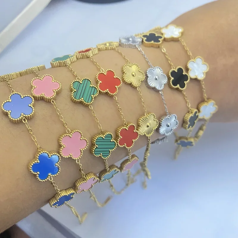 Double Sided Clover Bracelet for Women 14K Gold Plated Stainless Steel Lucky Five Leaf Link Bracelets Wrist Jewelry Lovely Gift