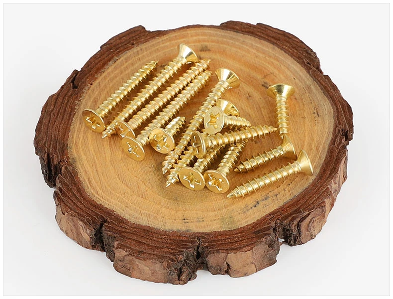 Goldener Waschbeckenkopf, Kreuzschlitz, flache selbstschneidende Schrauben, metrisches Gewinde, Messing, goldene Schrauben, Holzbrett, Faserplatte, Spanplattenmöbel – Detail 5