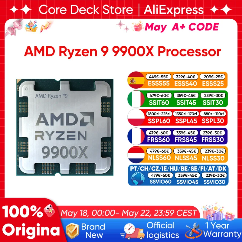 Processeur AMD Ryzen 9 9900X 4,4 GHz 12 cœurs 24 threads Zen 5 192 Go DDR5 5600 MHz 140 Mo de cache de jeu 4 nm TDP 120 W Socket AM5 CPU de jeu