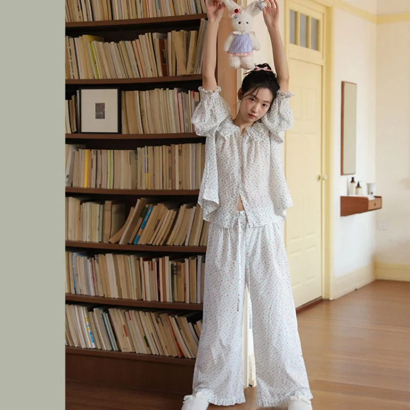 Women Sweet Printing Two-Pieces Full Sleeves Pajamas Ruffles Doll Collar 100% Cotton Sleepwear Loose Design Long Pants Pyjamas