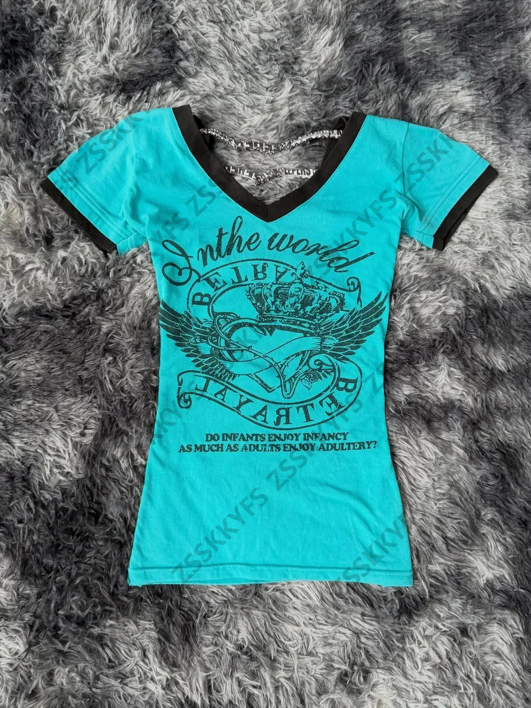 Woman Clothes 2000s Y2k T shirts V-neck Sexy Himekaji Aesthetic Letter Gothic Tees Tops Gyaru Japan Cuteore Slim Female Tshirts