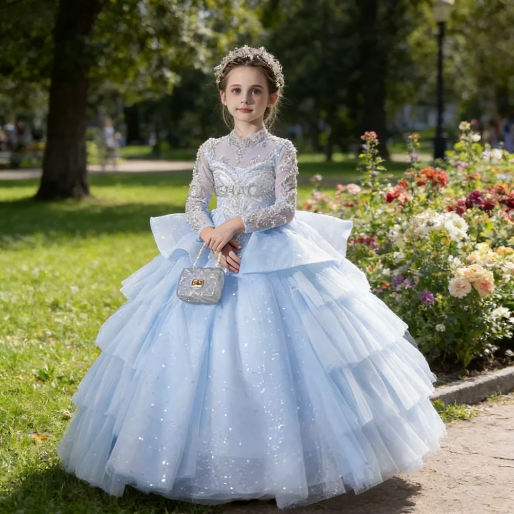 Blue Girls Evening Performance Gown Formal Celebration Kids Formal  Eid Kids Clothing Dress Birthday Party Princess Gown Piano