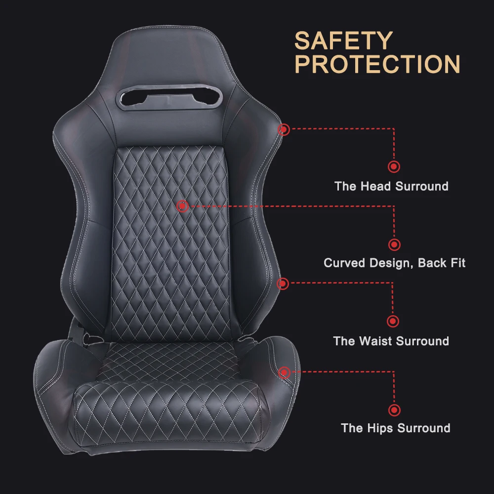 Adjustable Racing Seat Universal for Sport Car Simulator Bucket Seats Black-Red PVC Leather