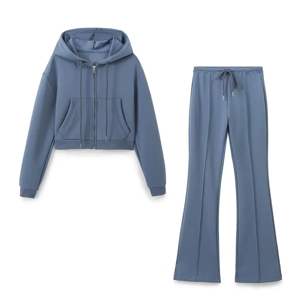 Tangada 2024 Women Blue Hood Sweatshirts Zipper Long Sleeve Crop Pullovers 6H0348