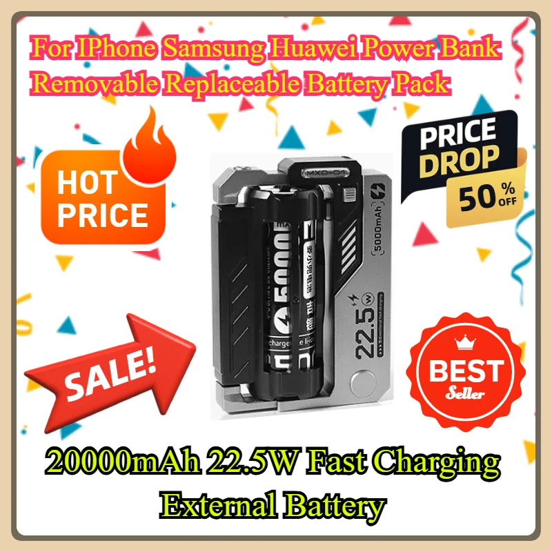 

For IPhone Samsung Huawei Power Bank Removable Replaceable Battery Pack 20000mAh 22.5W Fast Charging External Battery