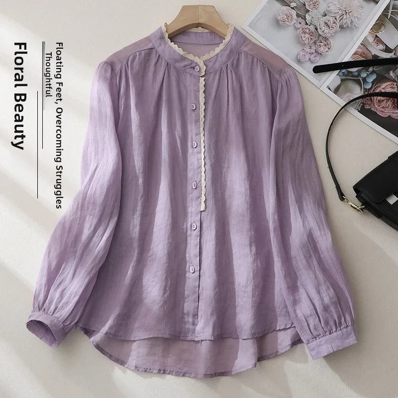 

Artistic Flax irt Spring Autumn Sle Women's Cotton Linen Blouse Lace Collar een Color Loose Fit Nine Sve Length