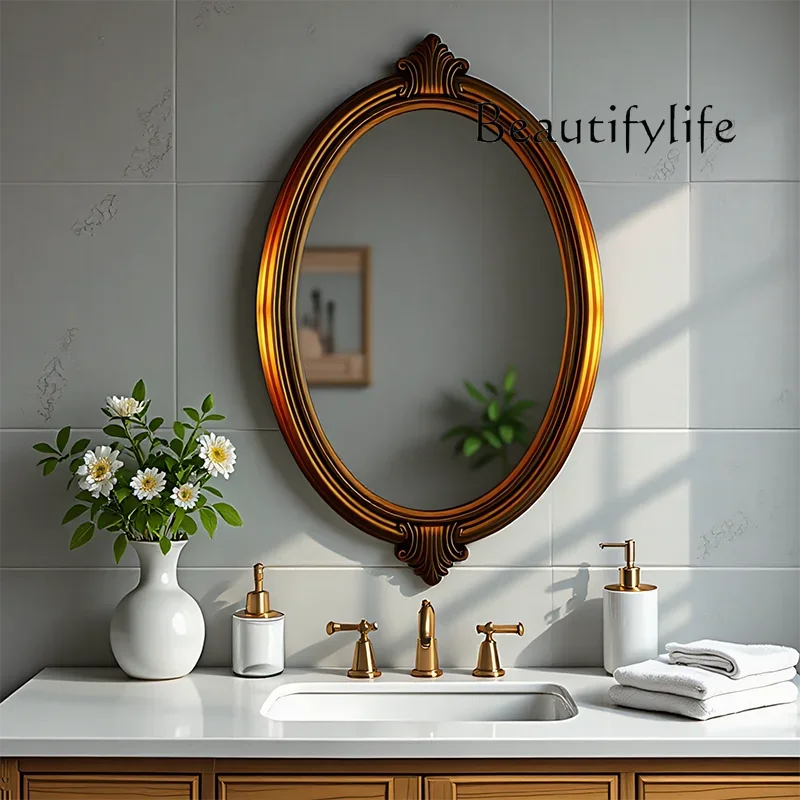 

DDS French Retro Carved Bathroom Mirror European High-end Living Room Entrance Wall-mounted Decorative Mirror Light Luxury