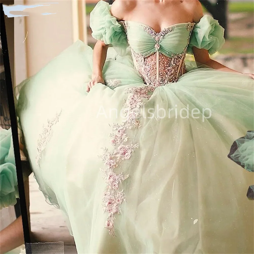 Angelsbridep ที่กําหนดเอง Mint สีเขียว Sweetheart Quinceanera ปิดไหล่ Vestidos De Festa Ball Gown Quinnceanera ชุด