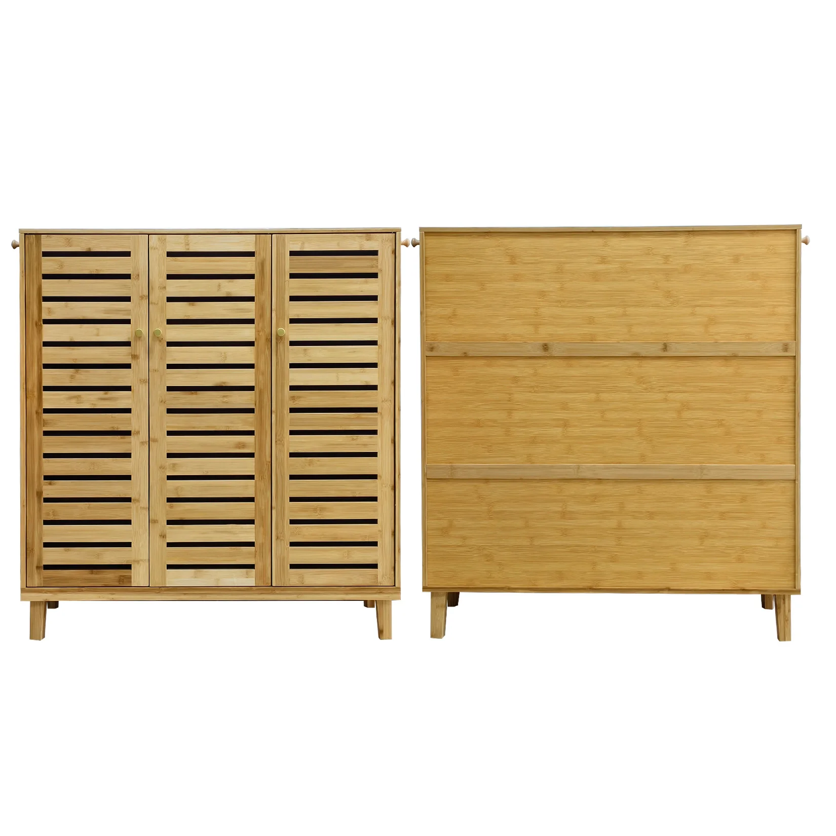 Bamboo Shoe Storage Cabinet with Slatted Doors, 5-Tier Wooden Shoe Organizer Cupboard for Entryway Hallway, Freestanding Large Shoe Rack with Side Hooks & Magnetic Closure