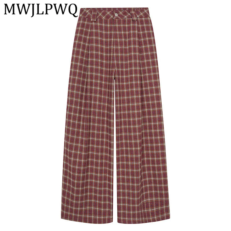 

MWJLPWQ Red Plaid Button-Up Casual Pants For Men Women Autumn Trendy Loose Straight Pants Relaxed Style Wide-Leg Trousers 16342