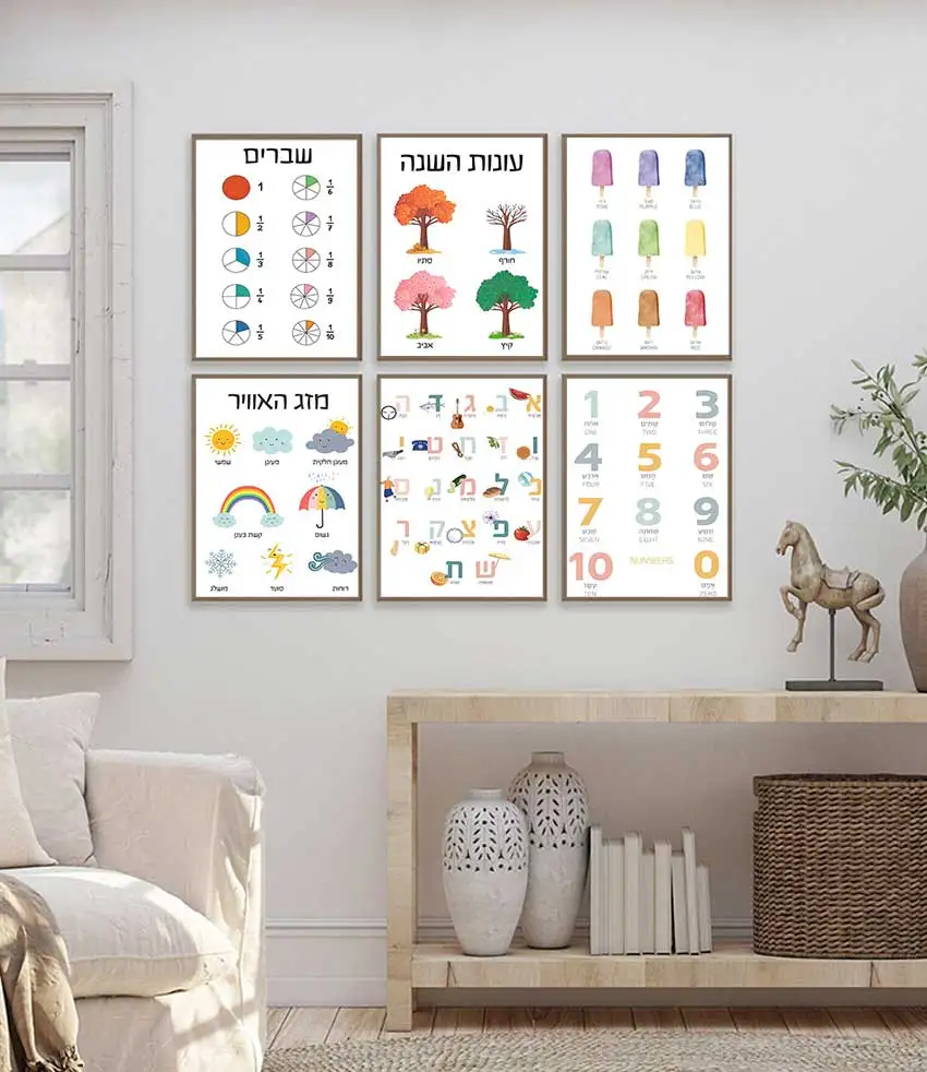 Hebrew Alphabet  Number Nursery Wall Art Canvas Nordic Style Educational Posters Weather Theme Kids Room Decor Prints