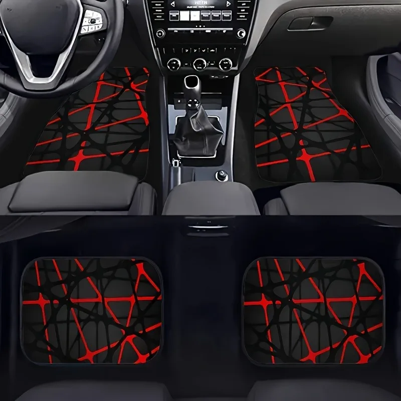 

4pcs Car Floor Mats With Black And Red Striped 3D Design - Stylish, Easy To Install & Clean, Fit For Multiple Vehicle Models, Al