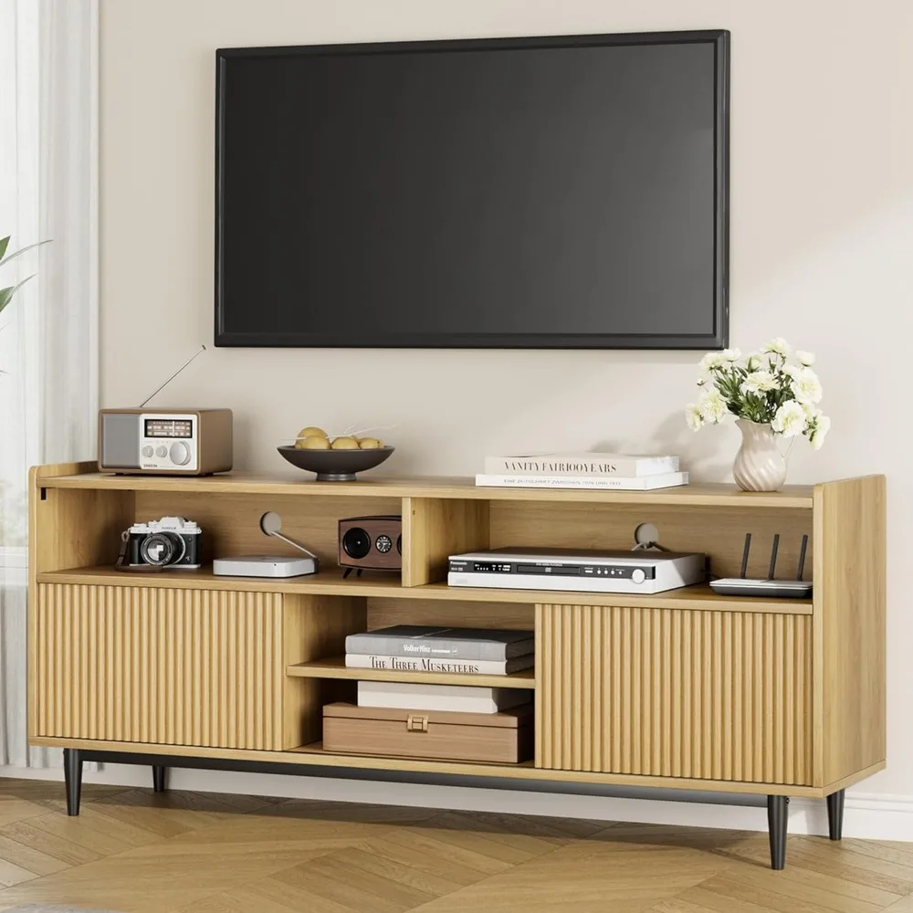 

Fluted TV Stand for 80 Inch, Boho Entertainment Center with Sliding Doors, Wood Media Cabinet Furniture