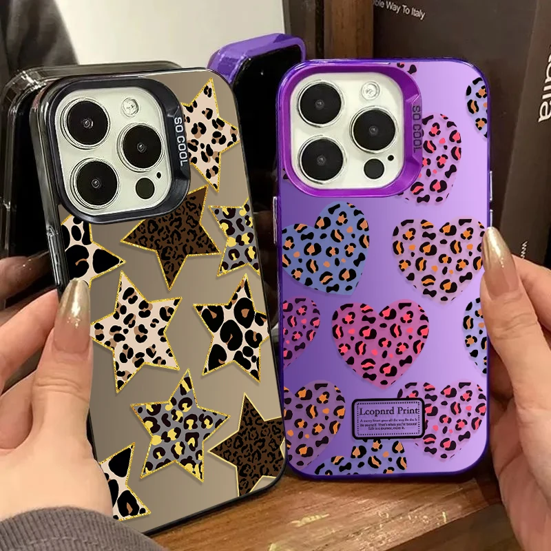 Individuality Star Leopard Pattern Plating Case for iPhone 16 15 14 13 12 11 Pro Max XS X XR 8 7 Plus SE 2020 Shockproof Cover