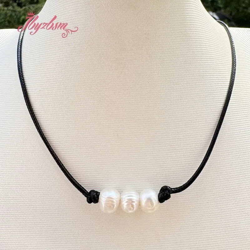 7-8mm Nearround Natural White Freshwater Pearl Black Leather Simple Necklace Classical Jewelry 16-17 inch for Women Party Dress