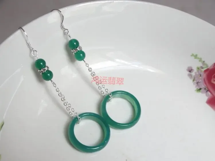 925 Silver Inlaid Natural Green Agate Ring Earrings Original DIY By Hand Accessories  Bead Gift Women Stone Jewelry