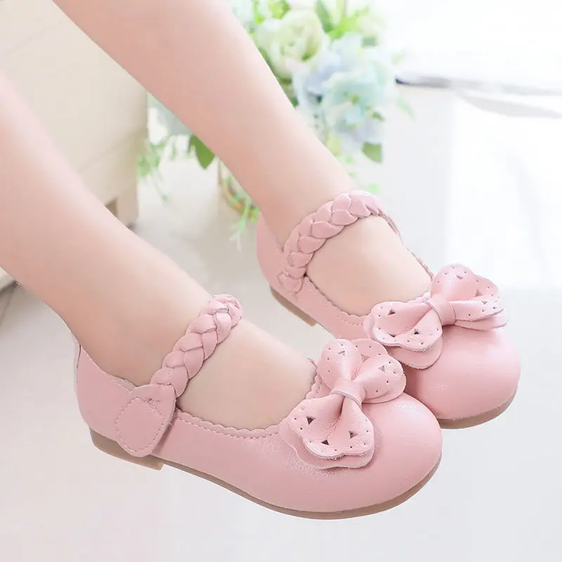 2-10Years Old Kids Leather Shoes Comfortable Soft-soled Bows Little Girls Princess Shoes Pink Beige Casual Children Single Shoes