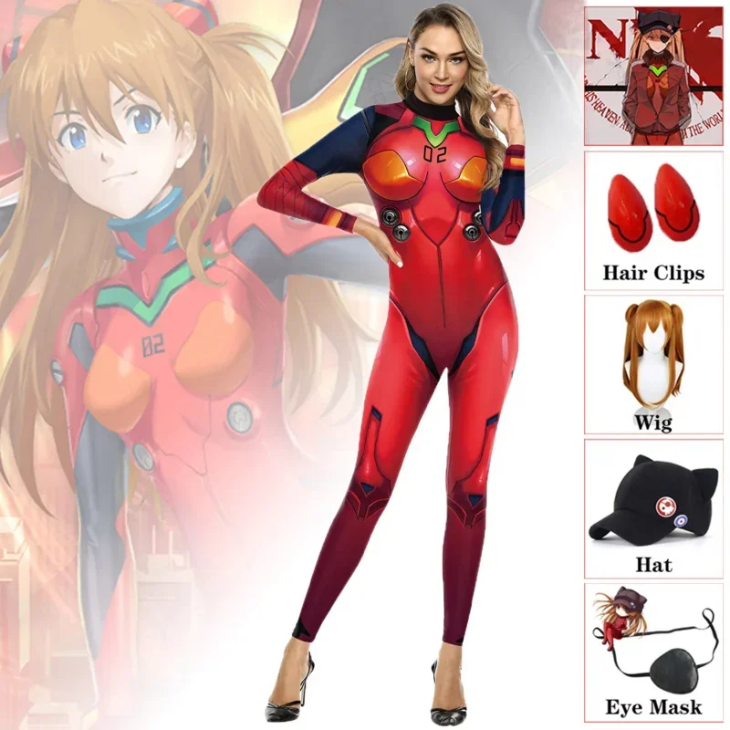 Asuka Langley cosplay tuta Zentai costume adulti bambini Asuka Langley Soryu parrucca fermagli per capelli Carnevale di Halloween Costumi Purim